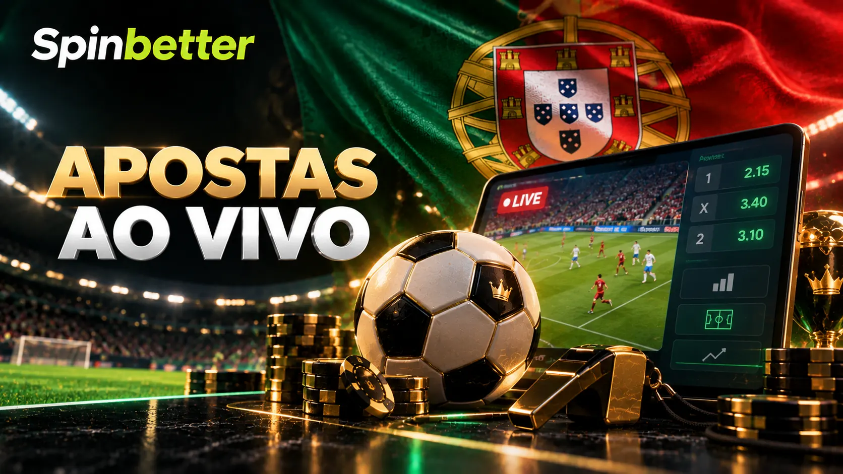 Tablet com um jogo em direto e quotas atualizadas, sobre a bandeira portuguesa, com a marca SpinBetter