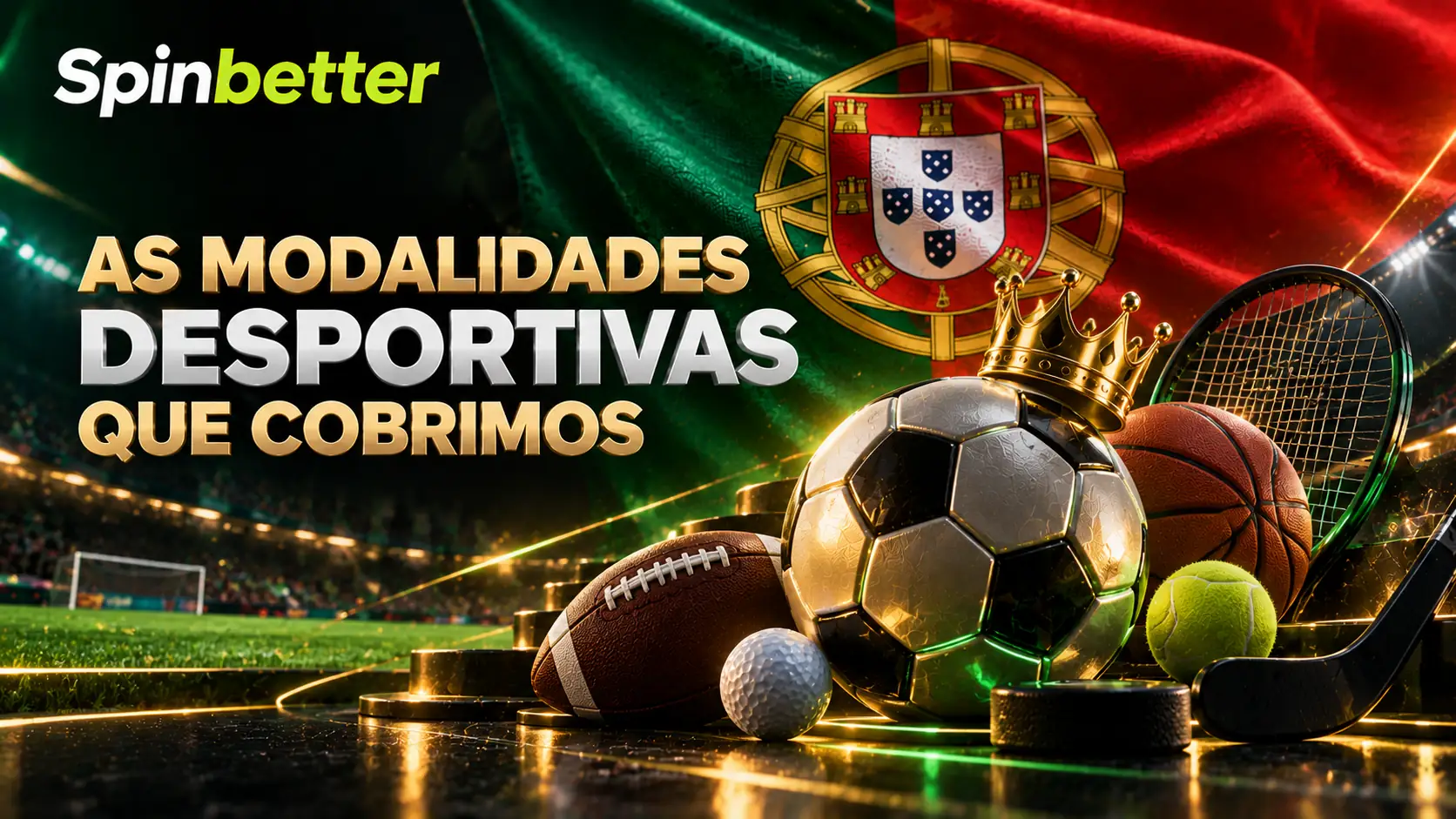 Bola de futebol com coroa, raquete e bola de basquetebol sobre a bandeira portuguesa, com a marca SpinBetter