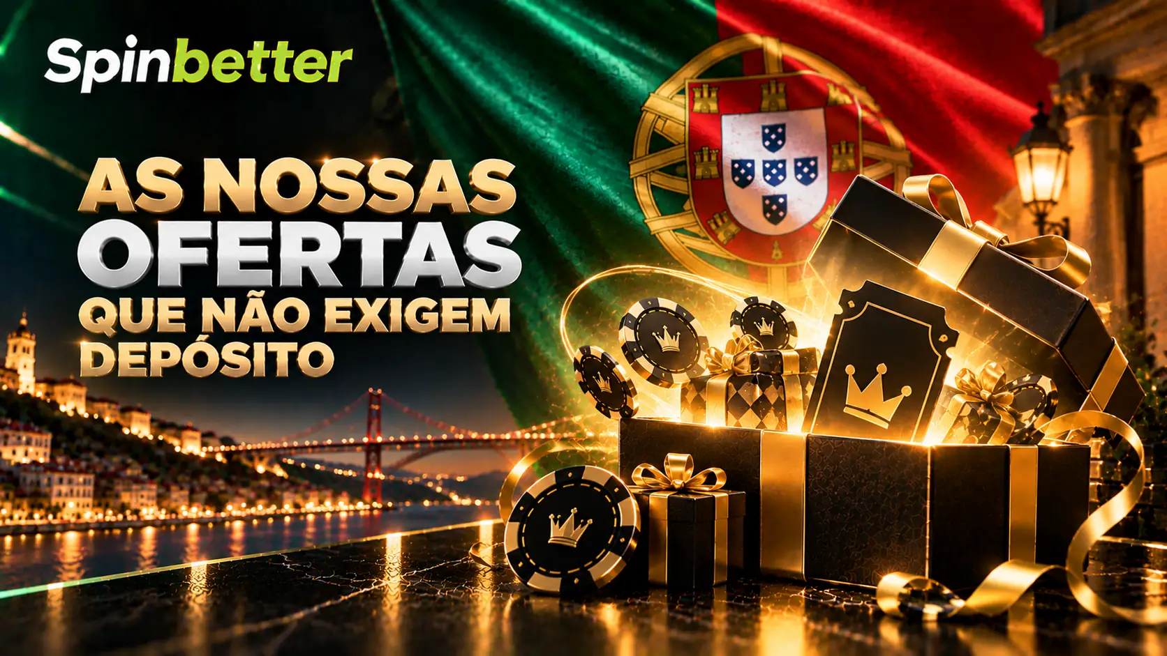 Caixas de prémio e fichas douradas com Lisboa ao fundo, sobre a bandeira portuguesa, com a marca SpinBetter