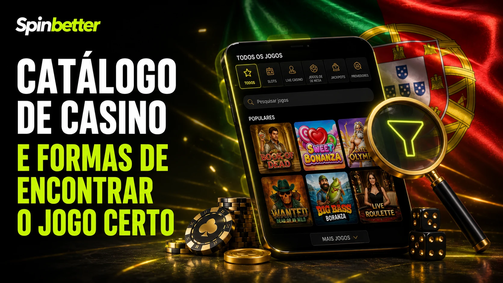 Telemóvel com a grelha de jogos filtrada e uma lupa, sobre a bandeira portuguesa