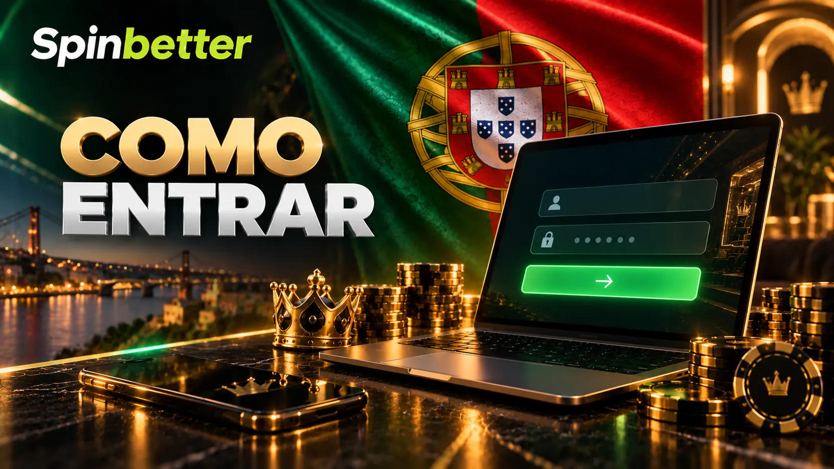 Portátil com o formulário de entrada aberto e telemóvel ao lado, sobre a bandeira portuguesa, com a marca SpinBetter