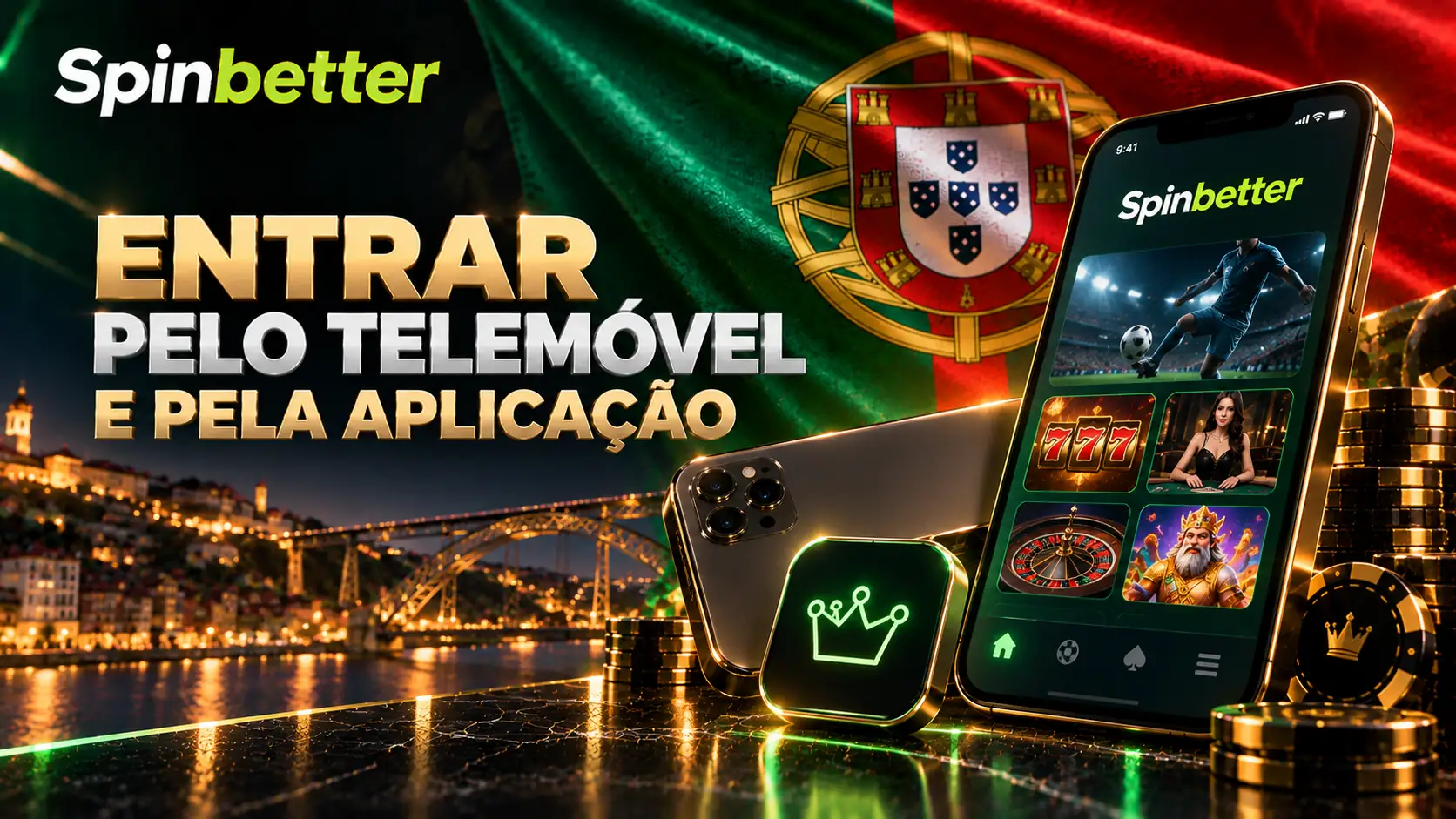 Dois telemóveis com a interface móvel aberta, sobre a bandeira portuguesa, com a marca SpinBetter