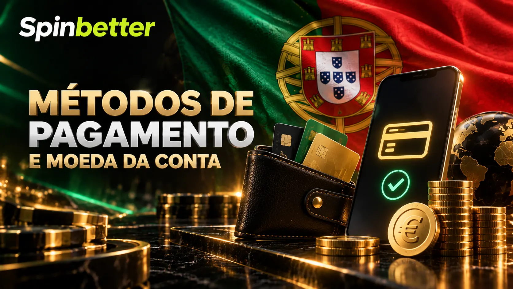Carteira com cartões, telemóvel e moeda de euro sobre a bandeira portuguesa, com a marca SpinBetter
