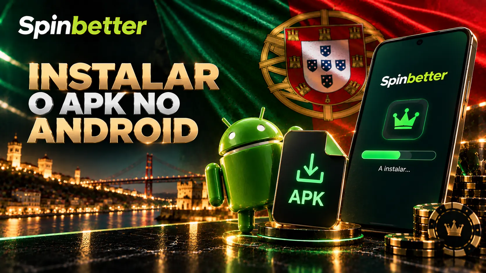 Robô Android com um ficheiro APK e um telemóvel a instalar, sobre a bandeira portuguesa, com a marca SpinBetter