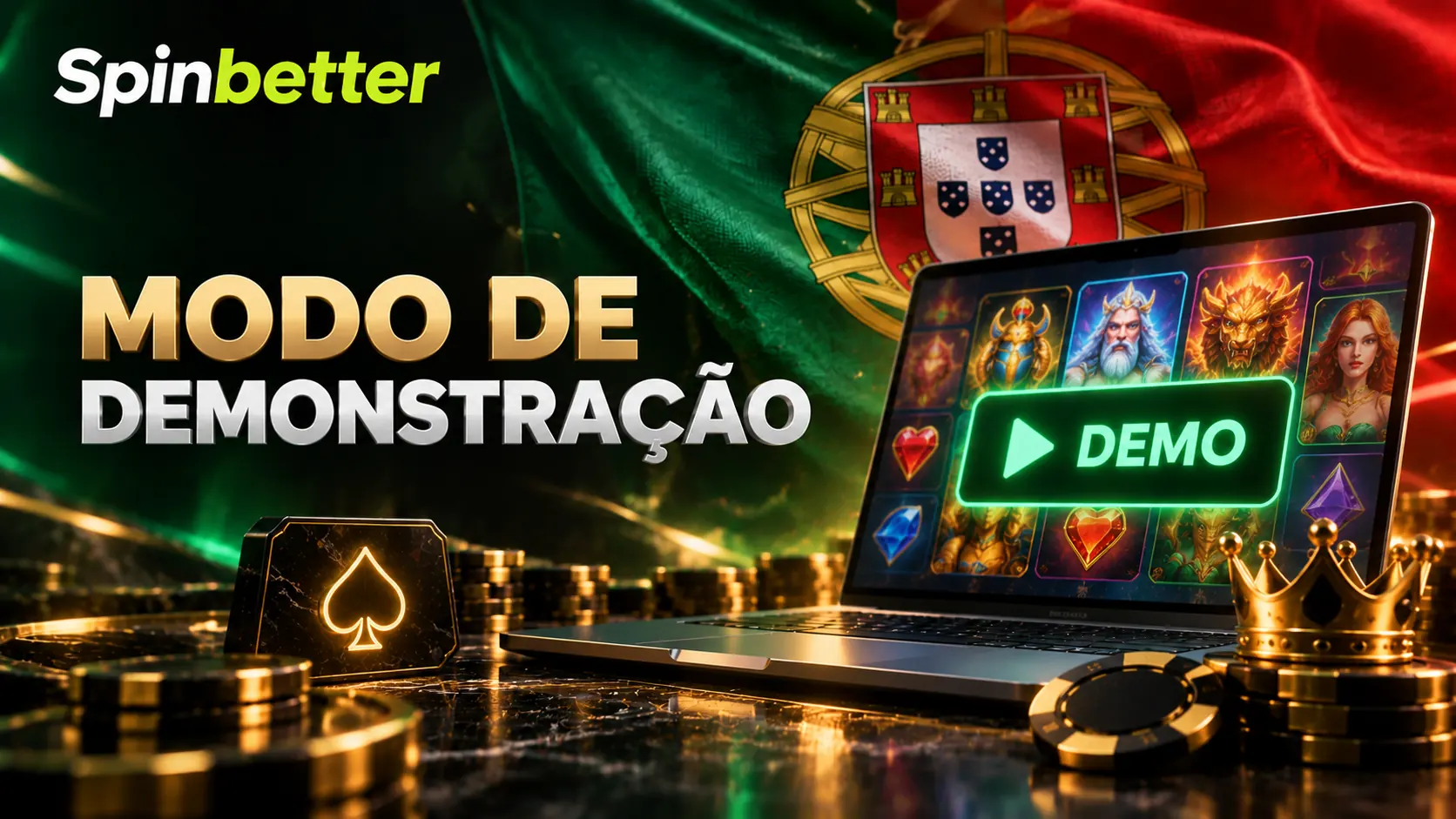 Portátil com uma grelha de slot e o botão de demonstração, sobre a bandeira portuguesa