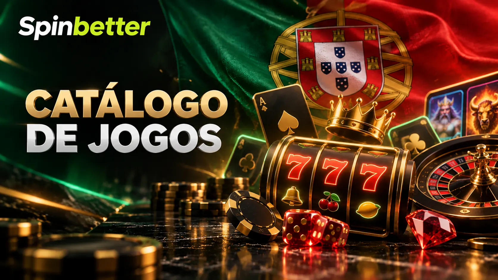 Slot, roleta e cartas douradas sobre a bandeira portuguesa, com a marca SpinBetter
