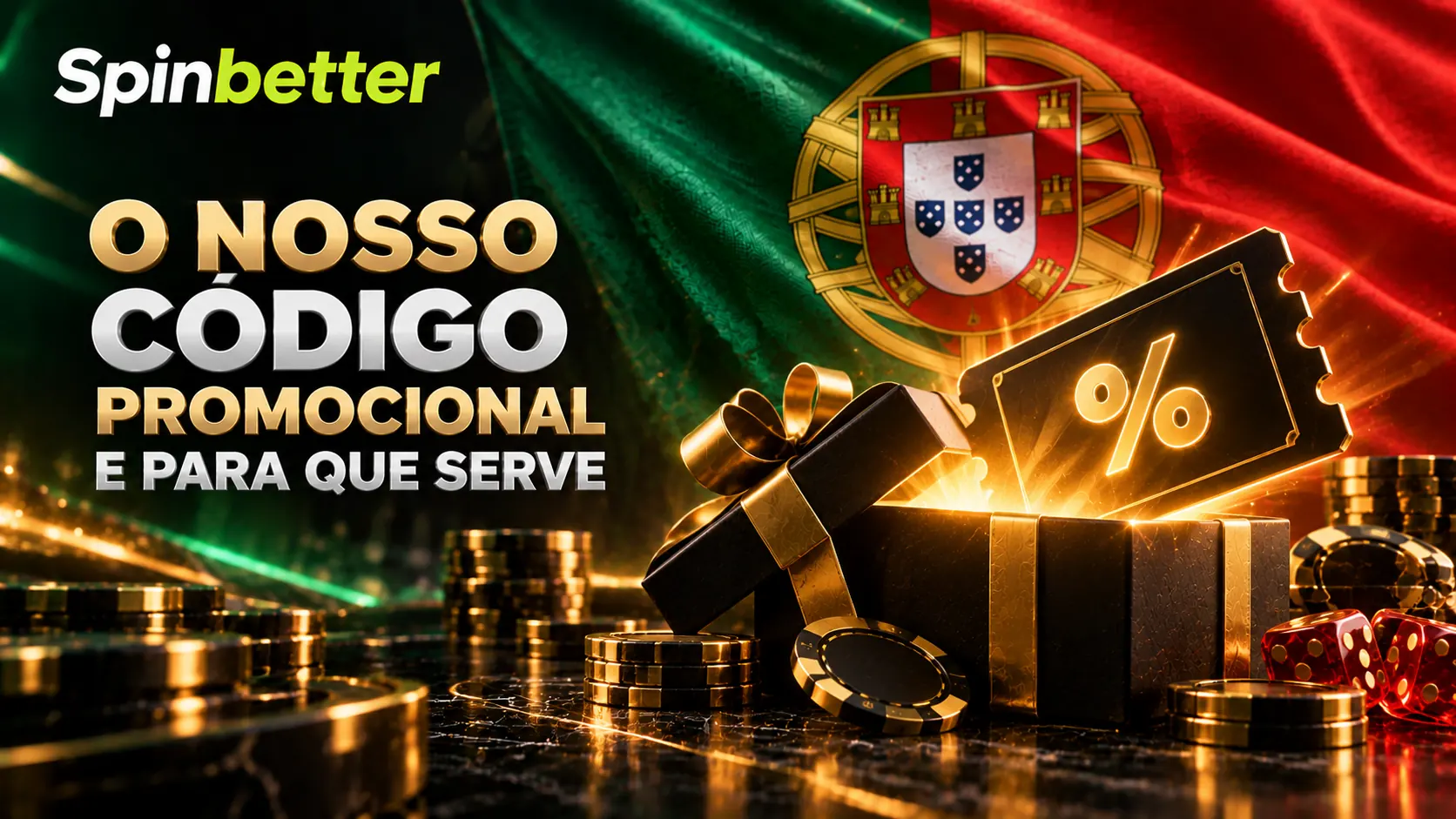 Bilhete promocional dourado com um símbolo de percentagem, sobre a bandeira portuguesa, com a marca SpinBetter