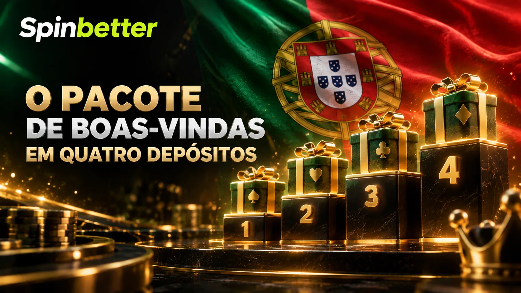 Quatro caixas de prémio numeradas sobre um pódio dourado, com a bandeira portuguesa, com a marca SpinBetter