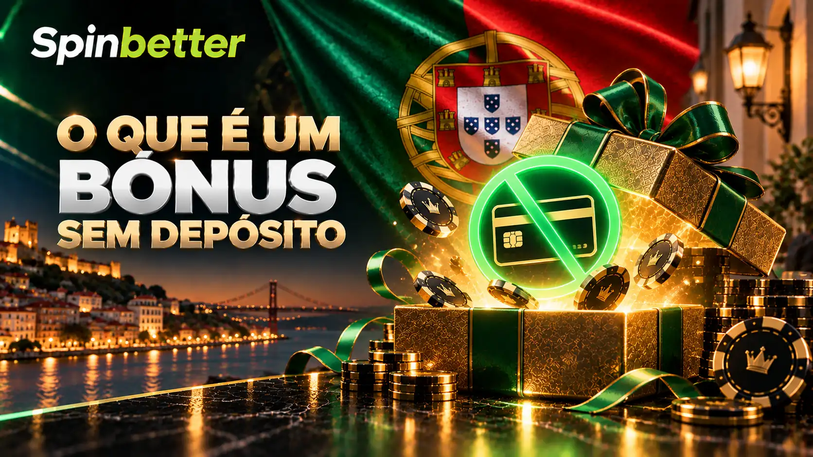 Caixa de prémio dourada com um cartão bancário barrado, sobre a bandeira portuguesa, com a marca SpinBetter