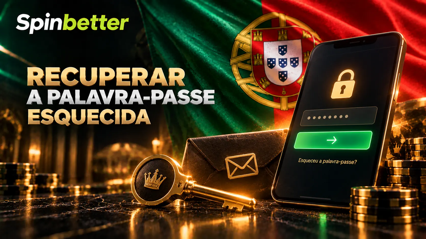Telemóvel com ecrã de reposição de palavra-passe, chave e envelope dourados sobre a bandeira portuguesa, com a marca SpinBetter