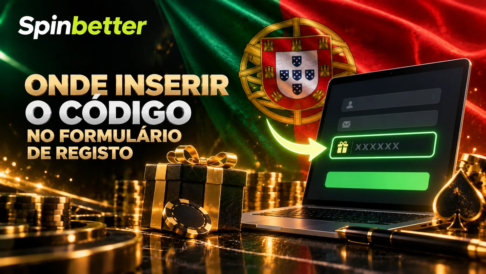 Portátil com o formulário de inscrição e o campo de código destacado a verde, sobre a bandeira portuguesa