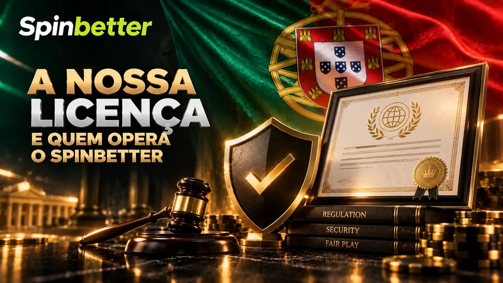 Certificado de licença e balança sobre a bandeira portuguesa, com a marca SpinBetter