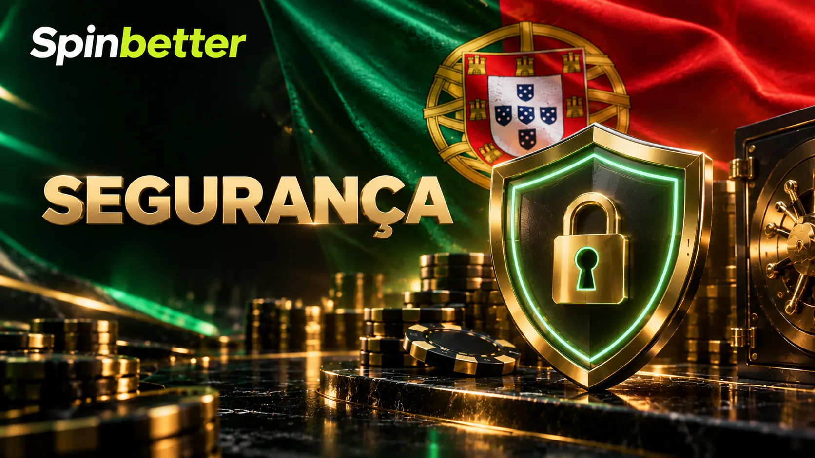 Escudo dourado com cadeado e um cofre, sobre a bandeira portuguesa, com a marca SpinBetter