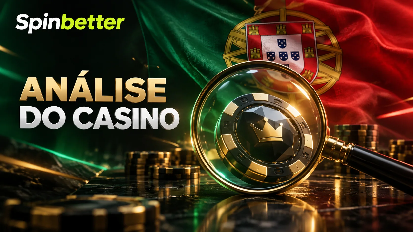 Lupa dourada sobre uma ficha de casino, com a bandeira portuguesa ao fundo e a marca SpinBetter